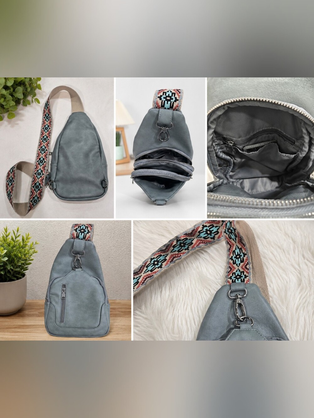 Antik Kraft Slate Blue Crossbody Sling Bag | Multi-Zip | Aztec Strap